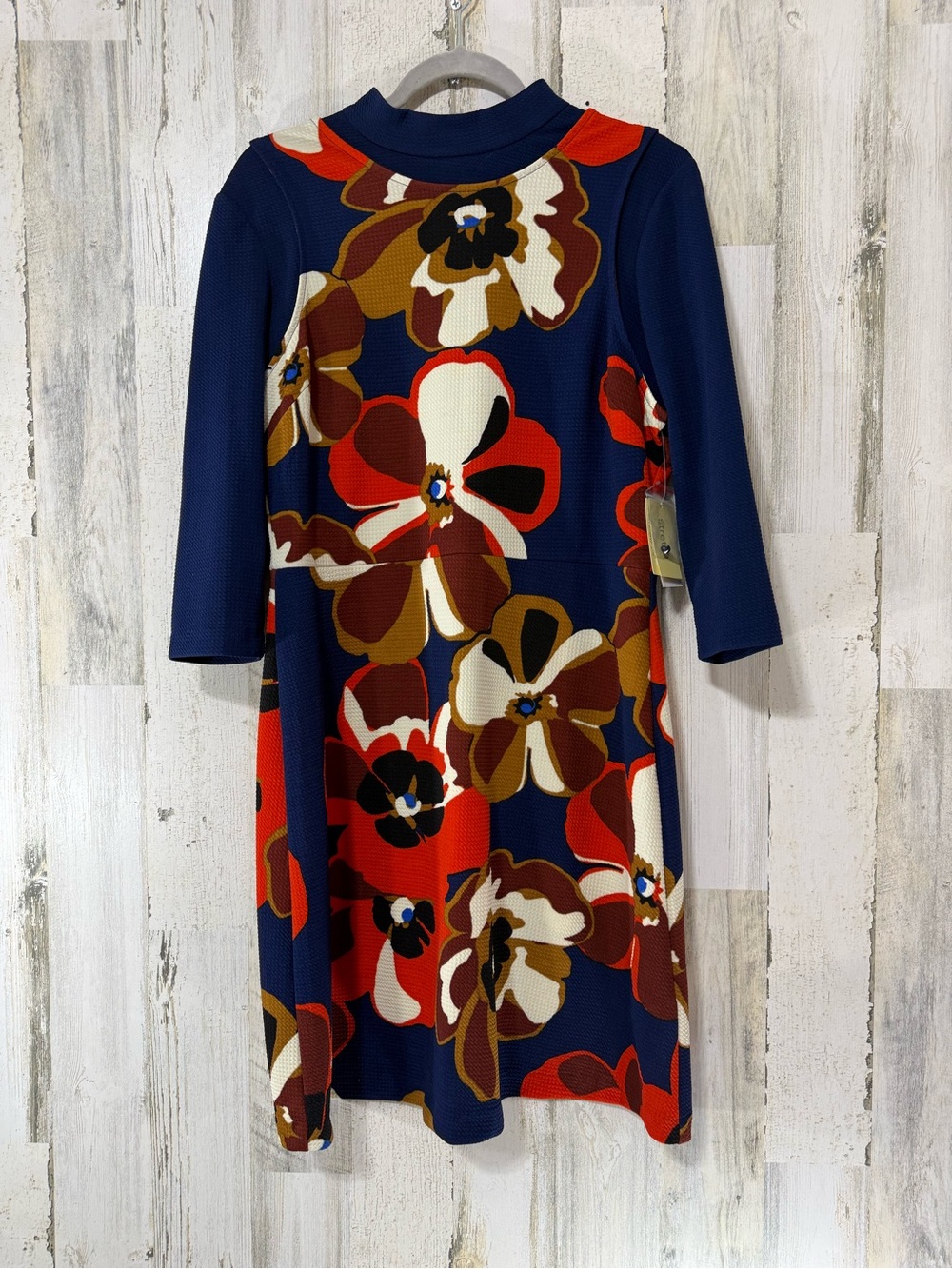 ECI Vintage Style Retro Navy Long Sleeve Floral Dress with Red & Brown